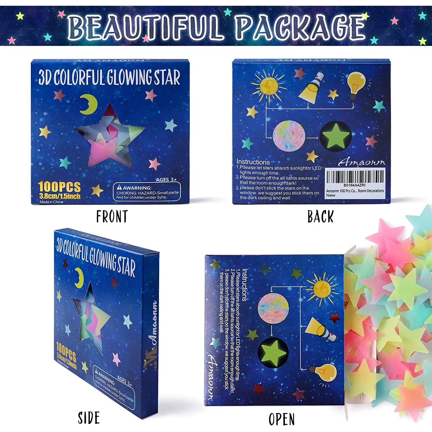 100-Pieces: Colorful Luminous Stars Plastic Wall Sticker