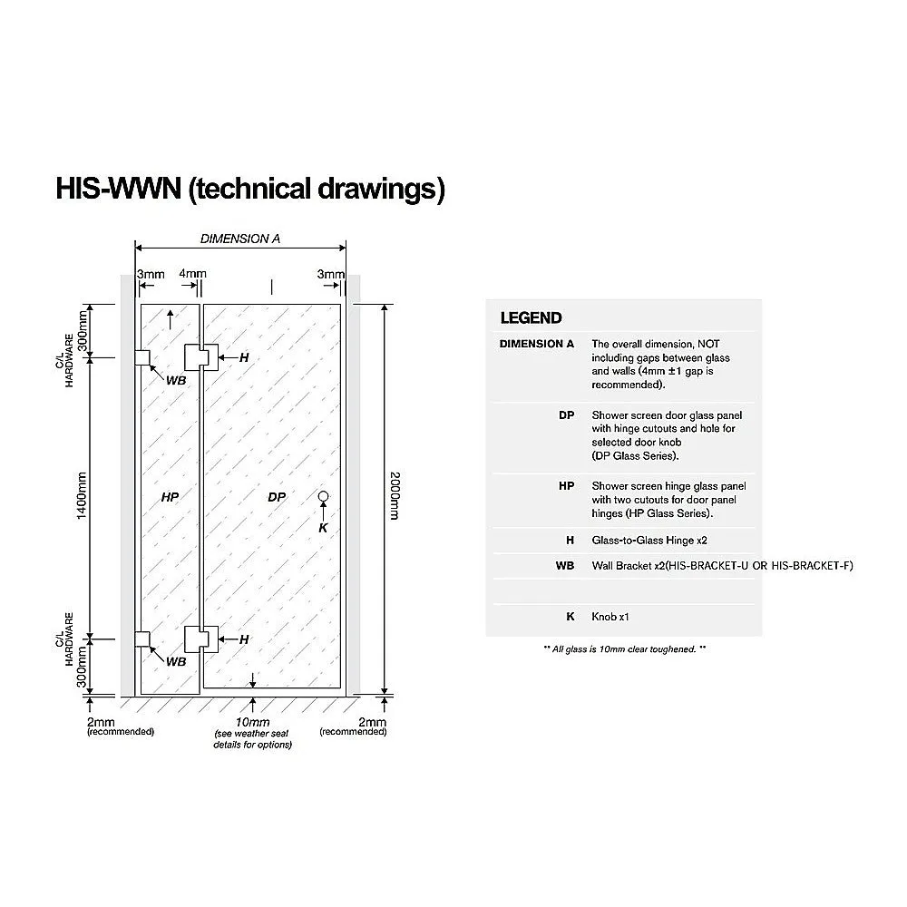 100cm Wall to Wall Frameless Shower Screen with White Channel and SS Hinges , Square Knob Handle