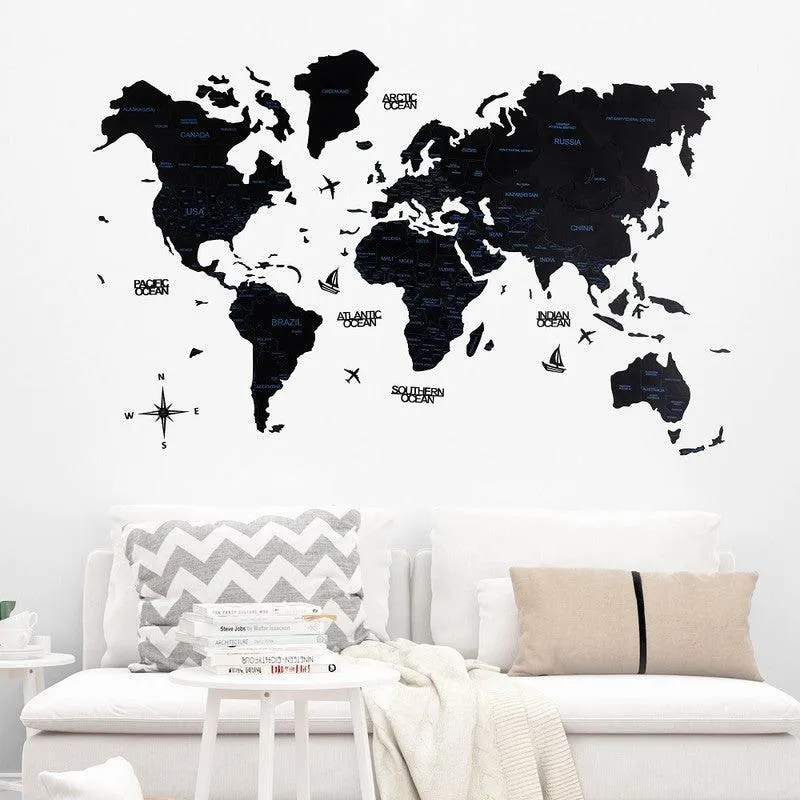 2D Colored Wooden World Map Obsidian Black Prime