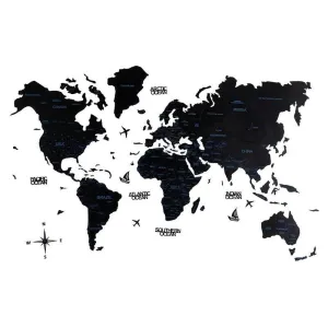 2D Colored Wooden World Map Obsidian Black Prime