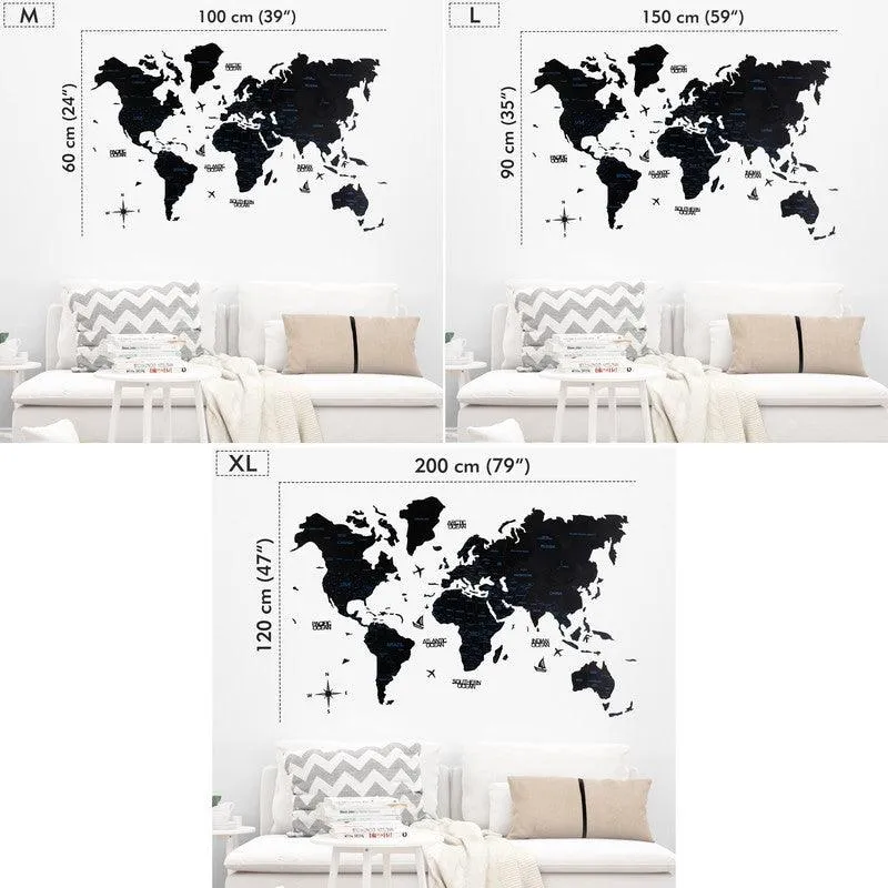 2D Colored Wooden World Map Obsidian Black Prime