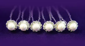 6 Bridal Faux Pearl & Clear Rhinestone Hair Pins XP1045