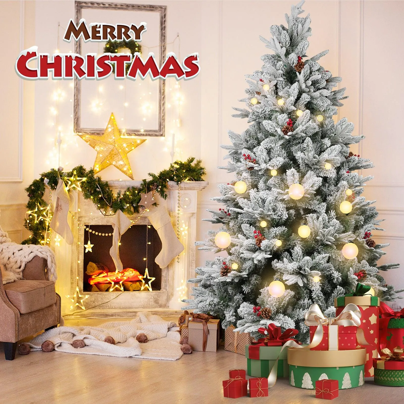 6.9' Artificial Christmas Tree Snow Flocked Xmas Tree with Pine Cones and Red Berries 1150 Branch Tips