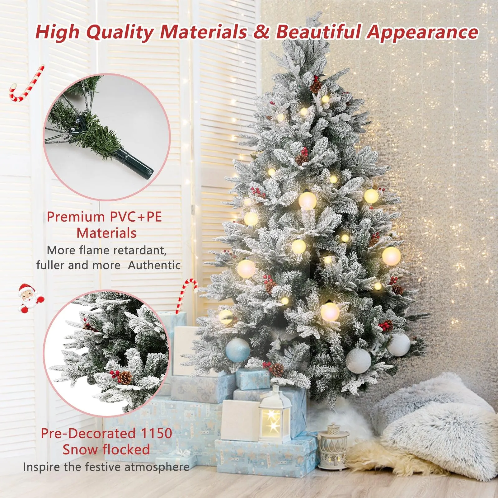 6.9' Artificial Christmas Tree Snow Flocked Xmas Tree with Pine Cones and Red Berries 1150 Branch Tips