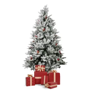 6.9' Artificial Christmas Tree Snow Flocked Xmas Tree with Pine Cones and Red Berries 1150 Branch Tips