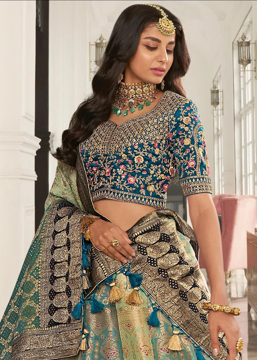 Aqua Blue & Mint Green Heavy Embroidered Silk Bridal Lehenga Choli