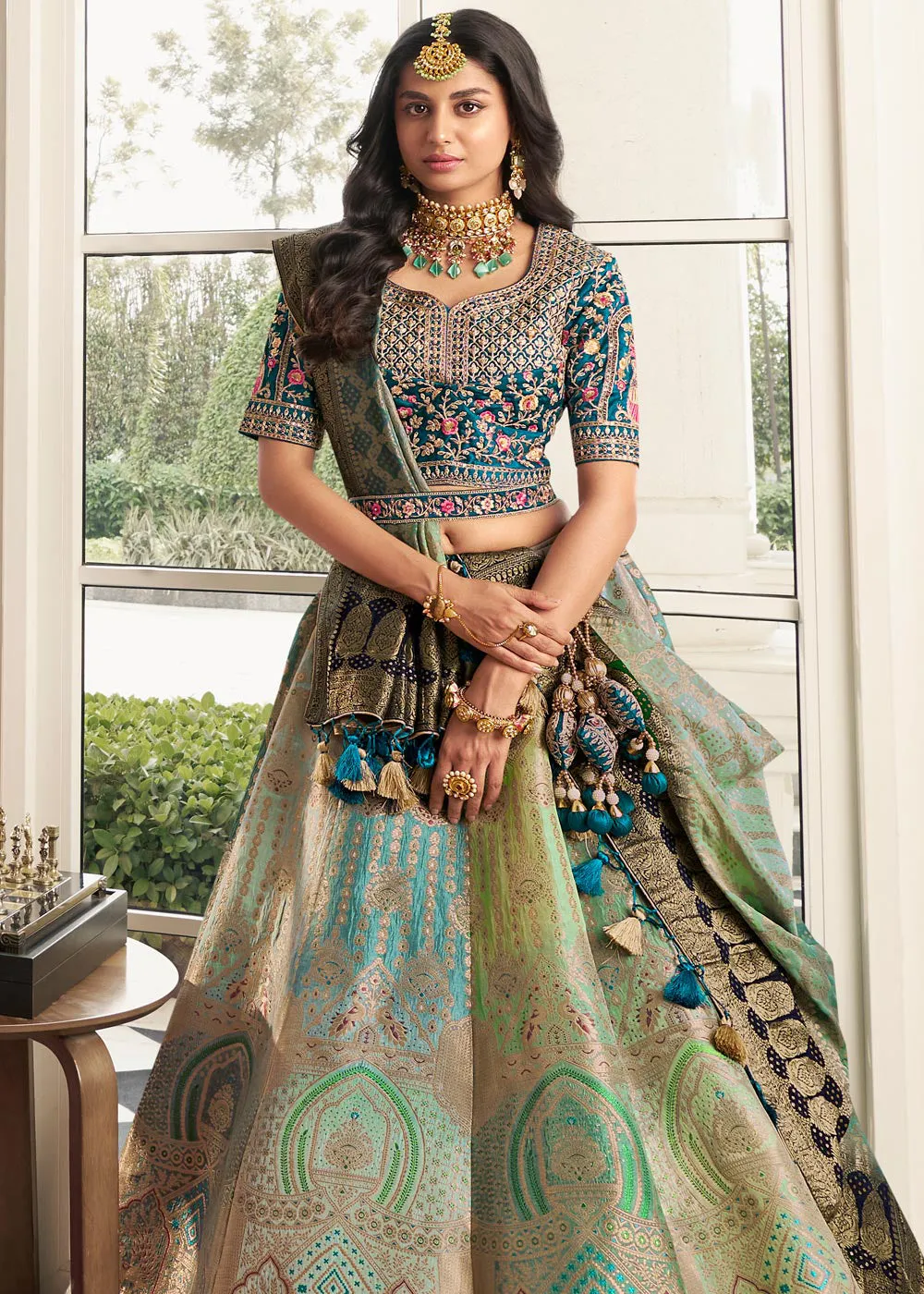 Aqua Blue & Mint Green Heavy Embroidered Silk Bridal Lehenga Choli