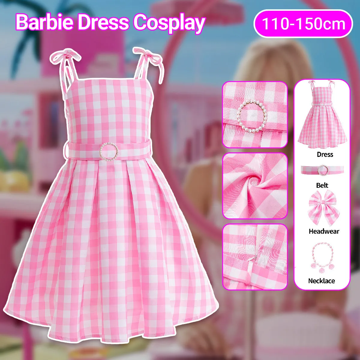 Barbie Cosplay Kid's Pink Gingham Summer Dress Set