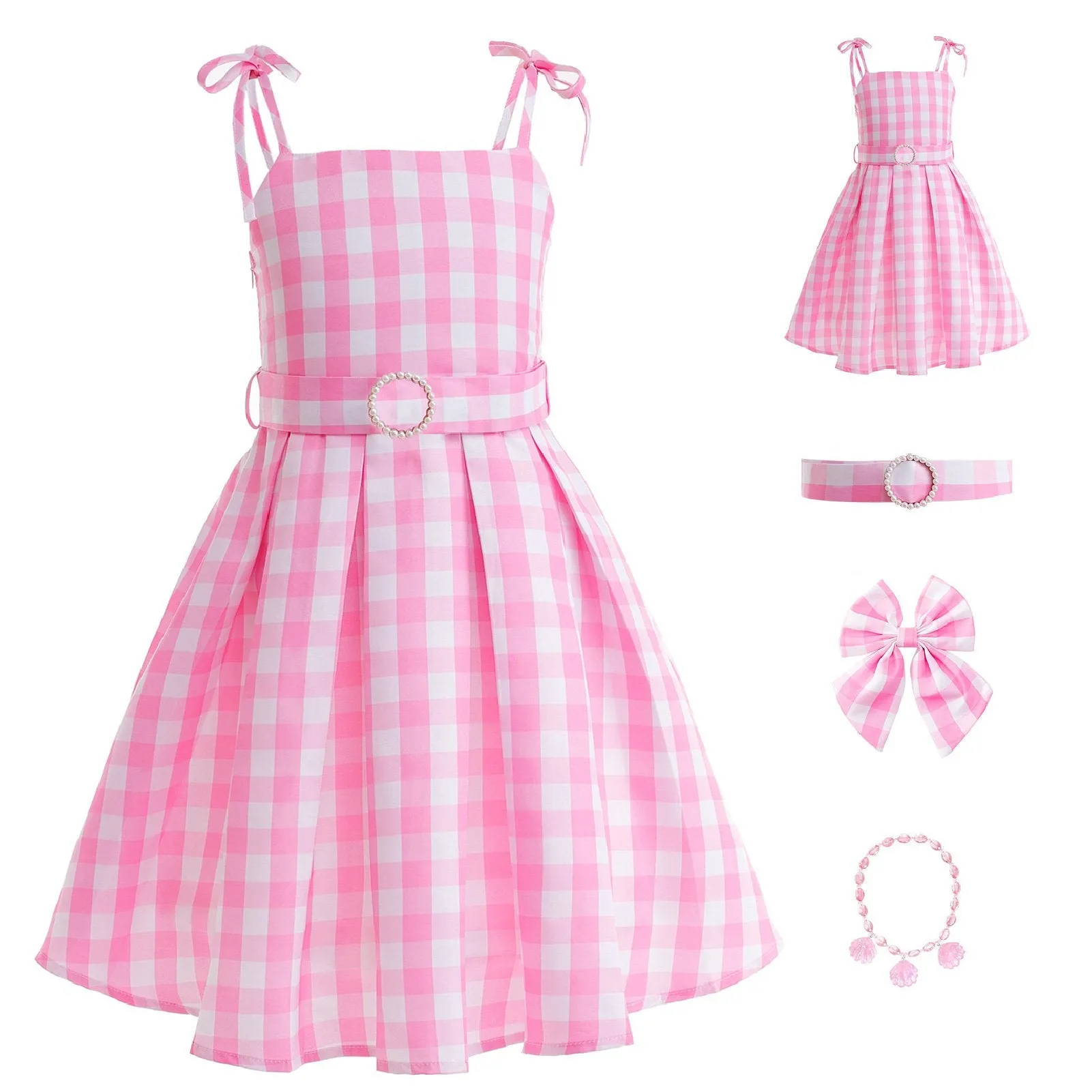 Barbie Cosplay Kid's Pink Gingham Summer Dress Set