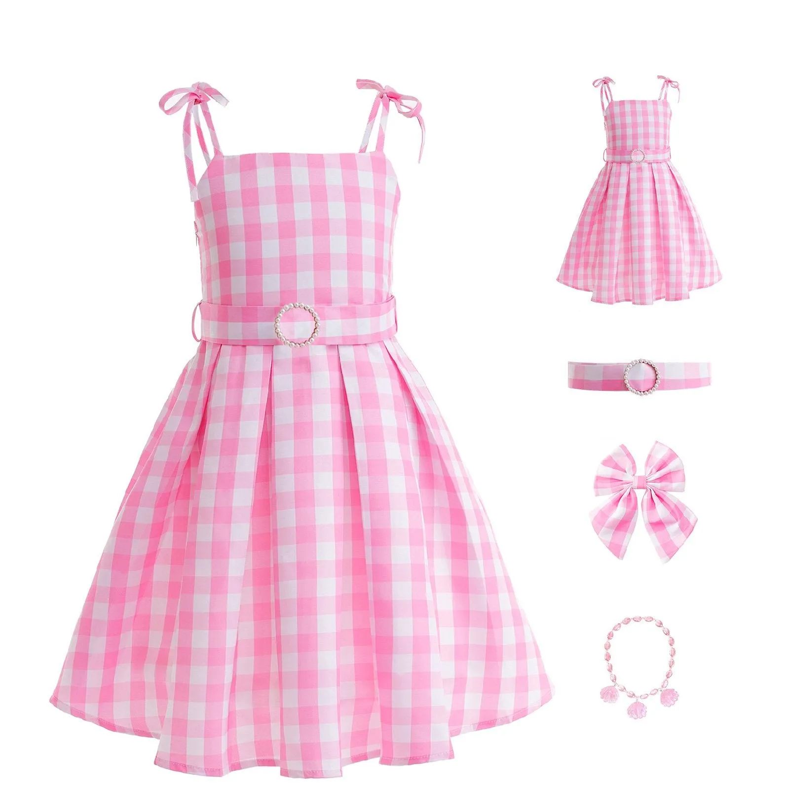 Barbie Cosplay Kid's Pink Gingham Summer Dress Set