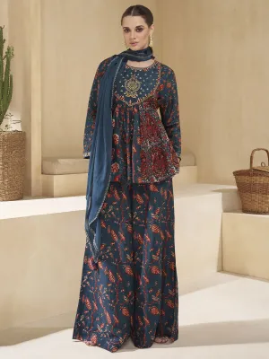 Blue Digital Printed Wedding Style Sharara Suit