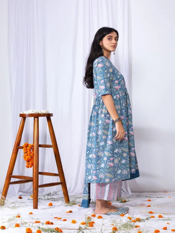 Blue Floral Printed Aayat Kurta Set (Set of 3)