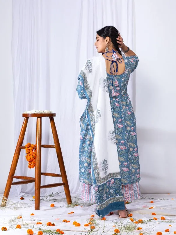 Blue Floral Printed Aayat Kurta Set (Set of 3)