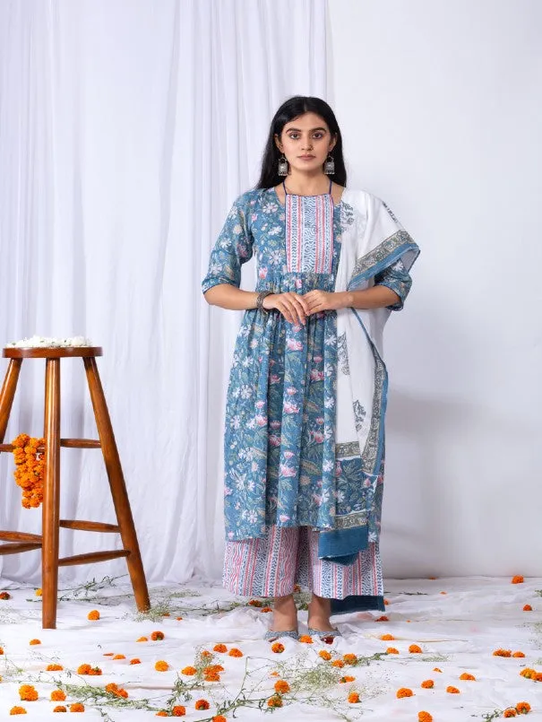 Blue Floral Printed Aayat Kurta Set (Set of 3)