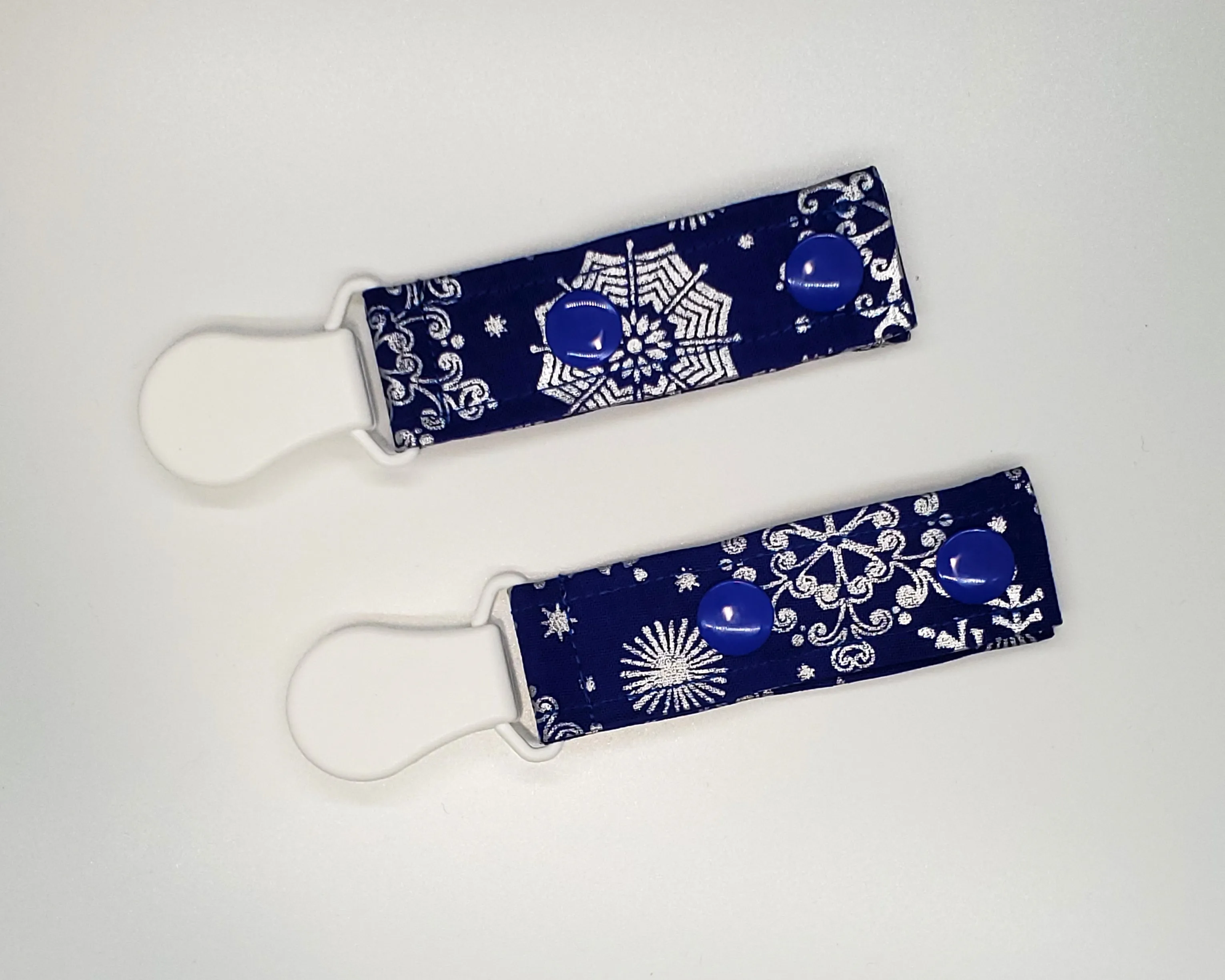 Blue with Silver Snowflakes Tubie Clip, Cord Clip. Ready to Ship.