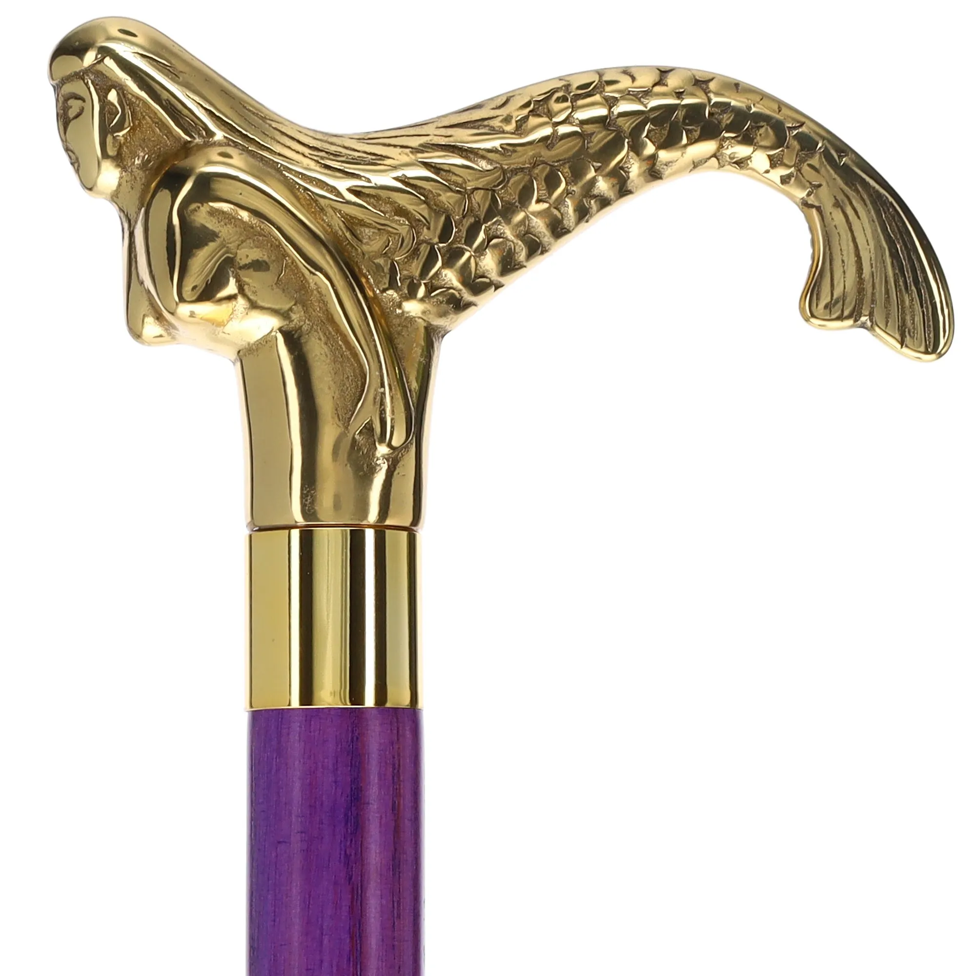 Brass Mermaid Handle Walking Cane w/ Custom Color Stained Ash Shaft & Collar