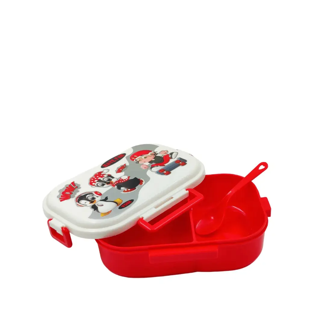 Cartoon Printed Colorful Lunch Box for School Kids (White-Red)