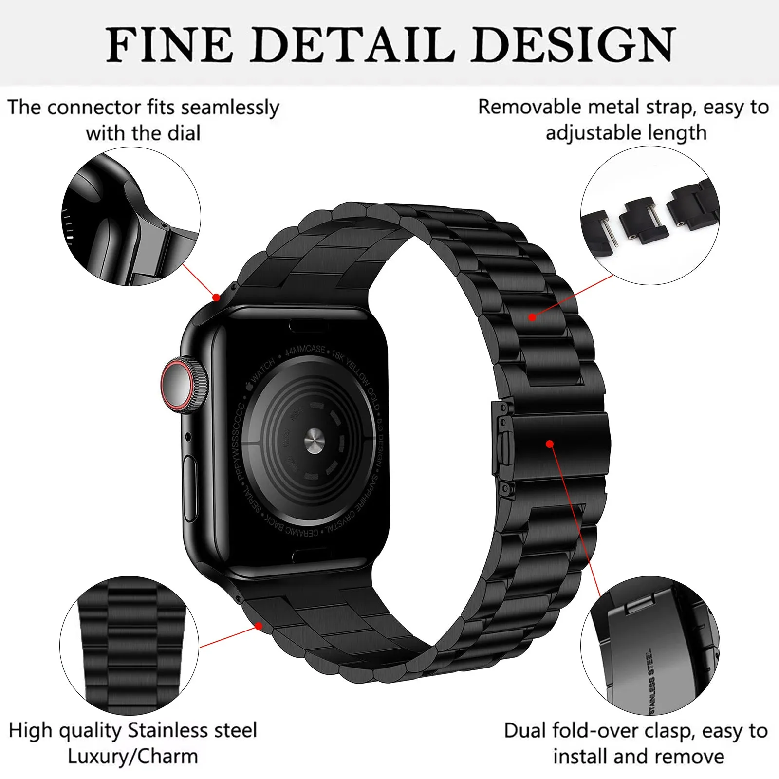 Classic Stainless Steel Metal Slim Band for Apple Watch-Black