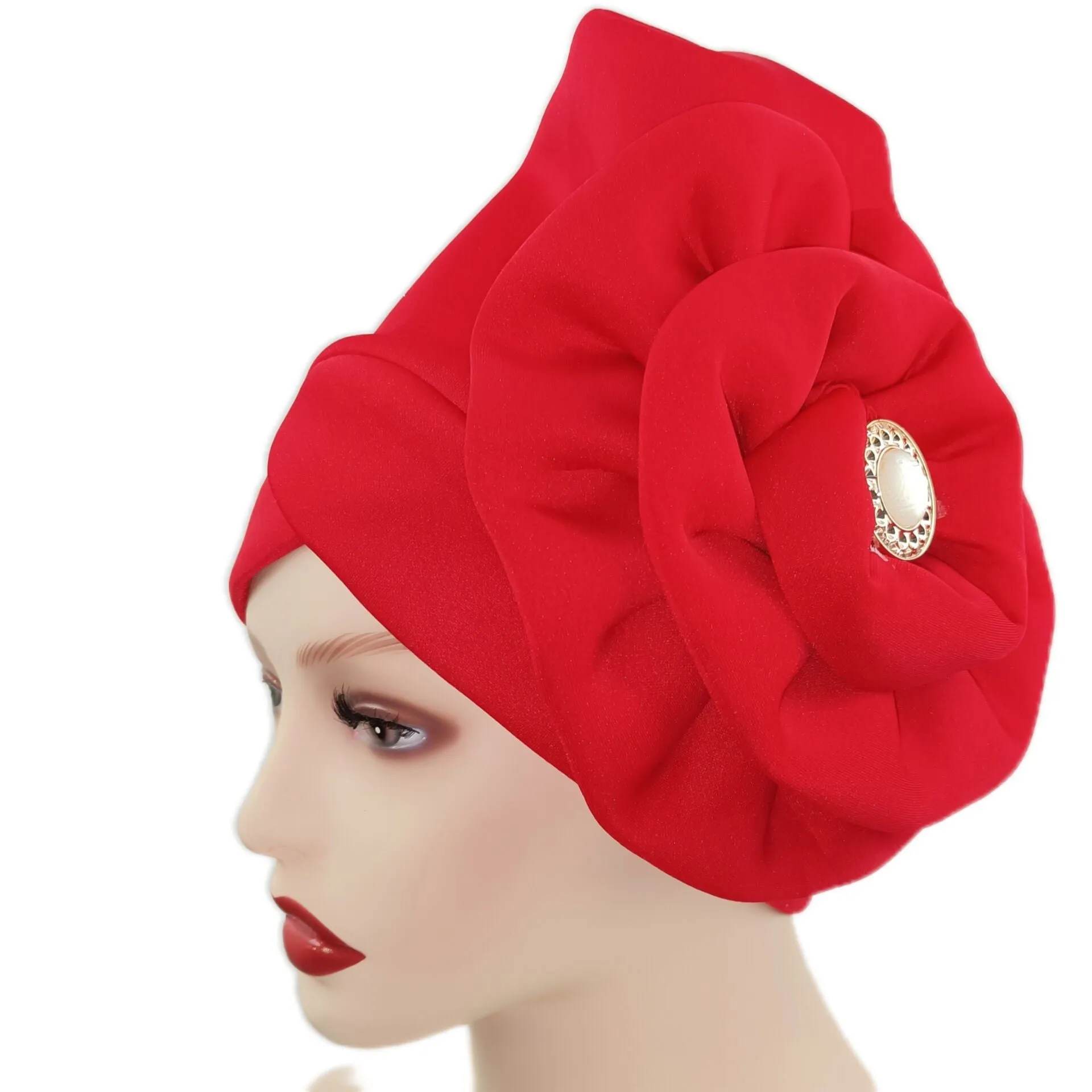 deanwangkt Solid African turban big flower design headtie cap for fashion women headwrap with badge