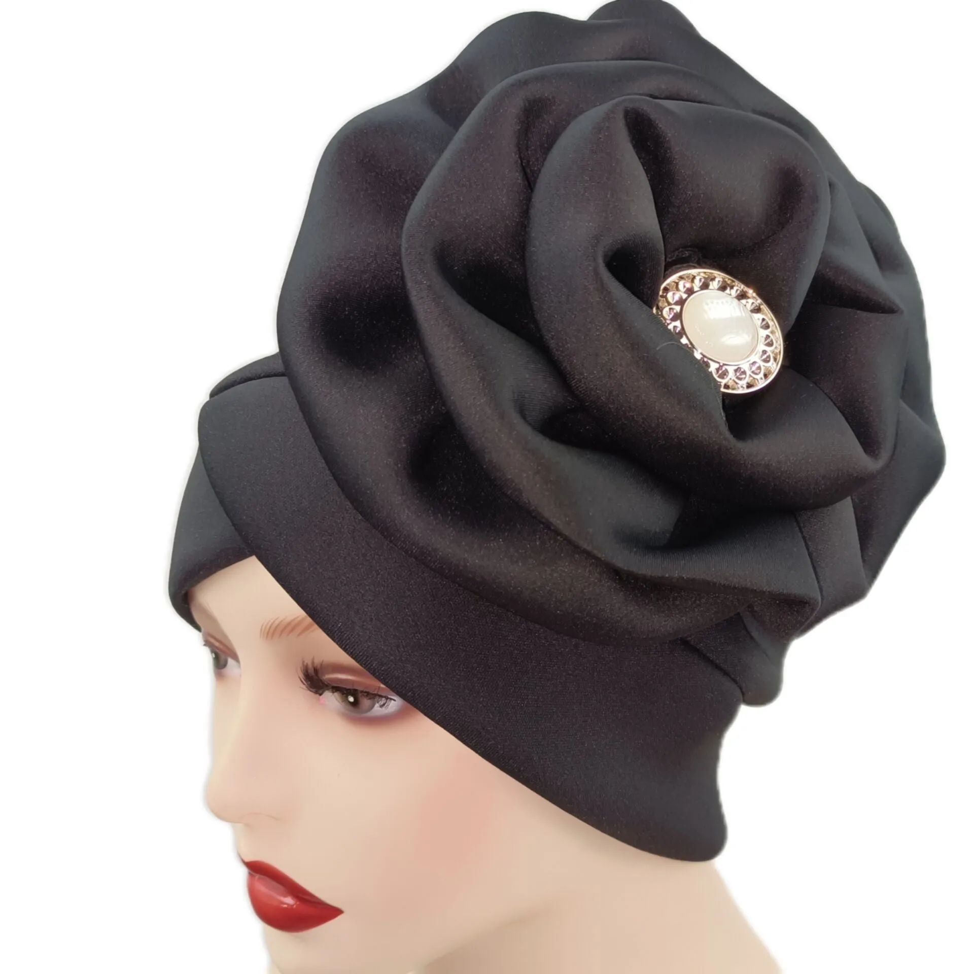 deanwangkt Solid African turban big flower design headtie cap for fashion women headwrap with badge