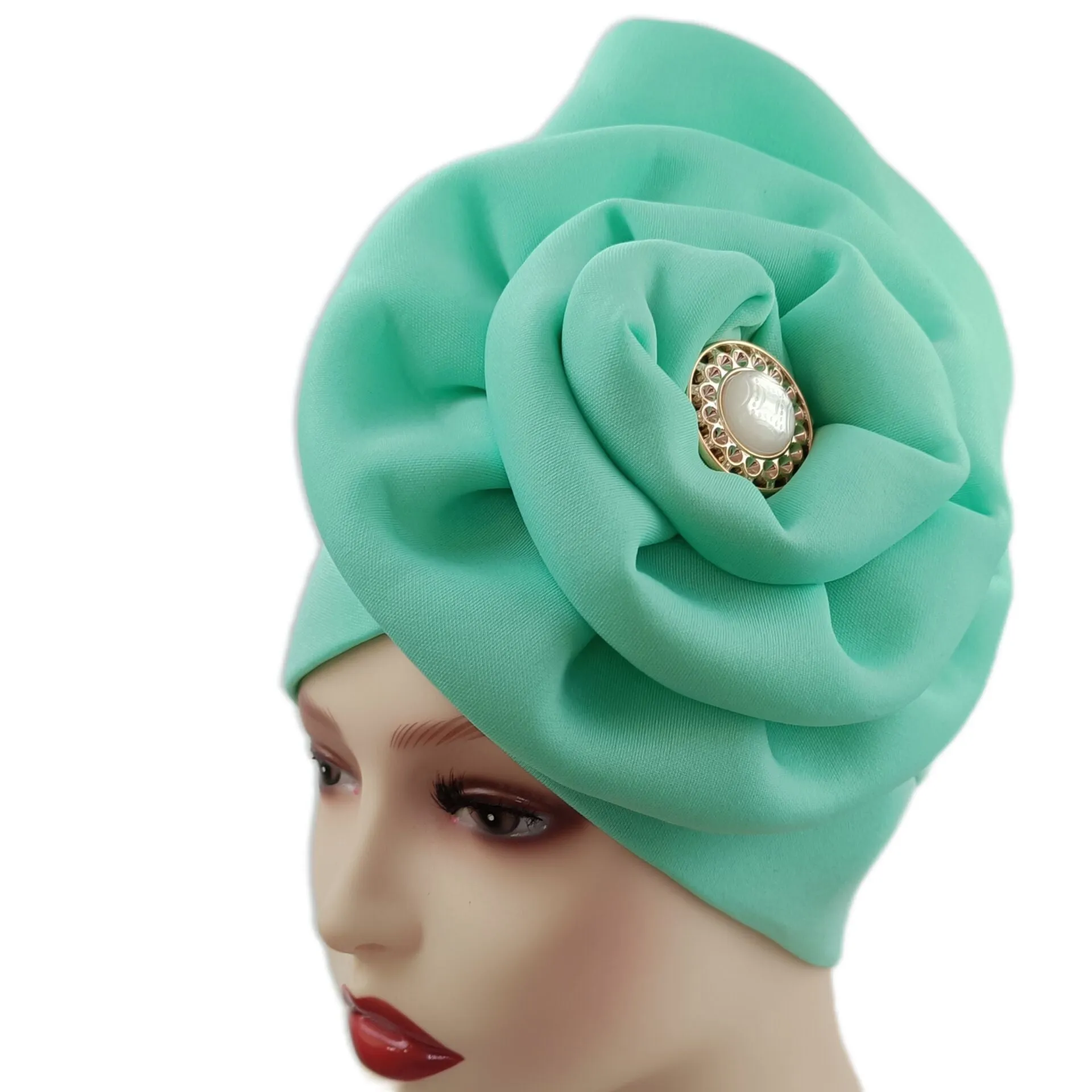 deanwangkt Solid African turban big flower design headtie cap for fashion women headwrap with badge