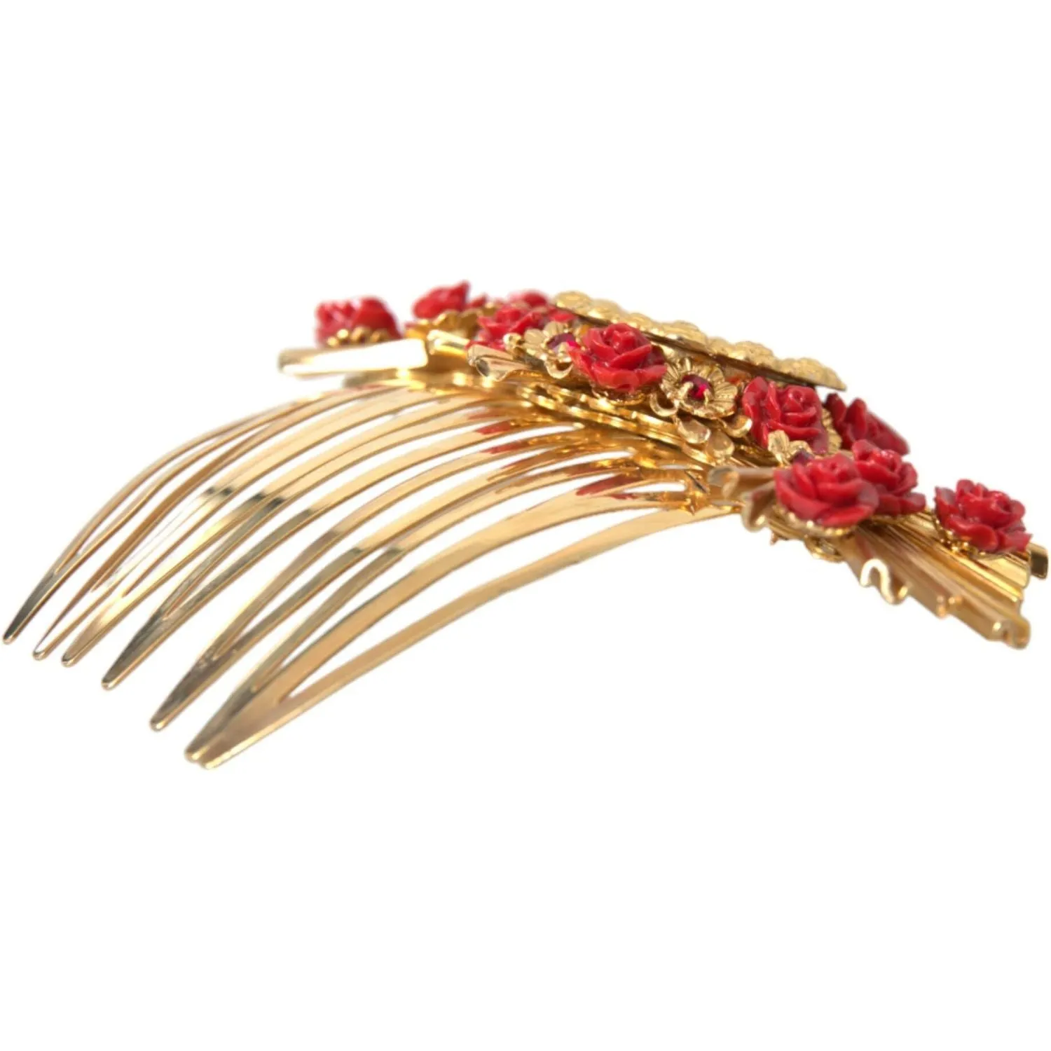 Dolce & Gabbana Gold Brass Crystal Heart Floral Hair Comb