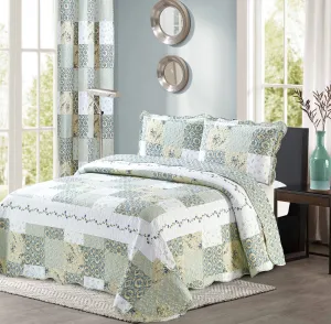 Floral Printed Patchwork Blue/Green Bedspread/Quilt Set