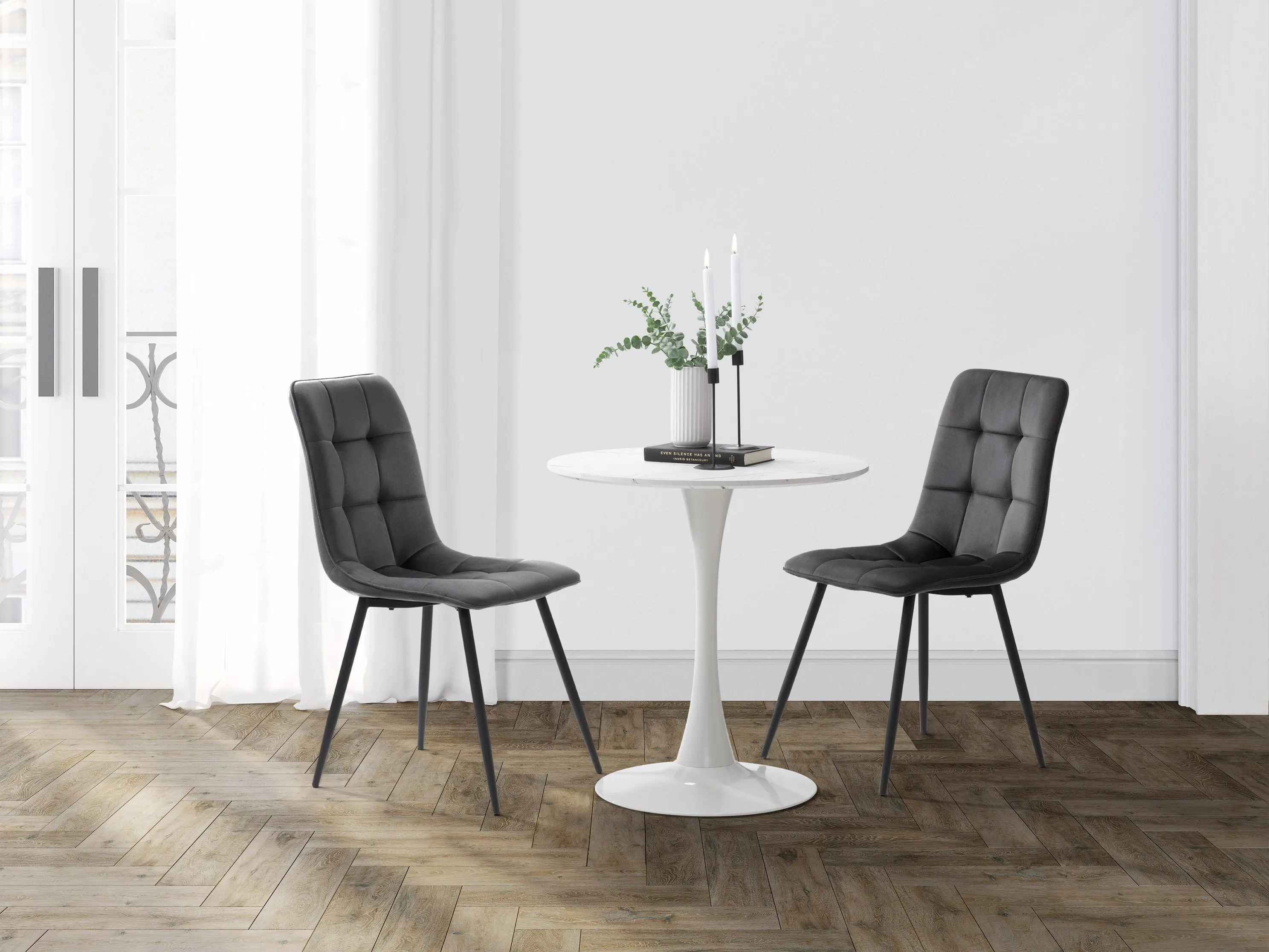 Grey Velvet Upholstered Dining Chairs, Set of 2