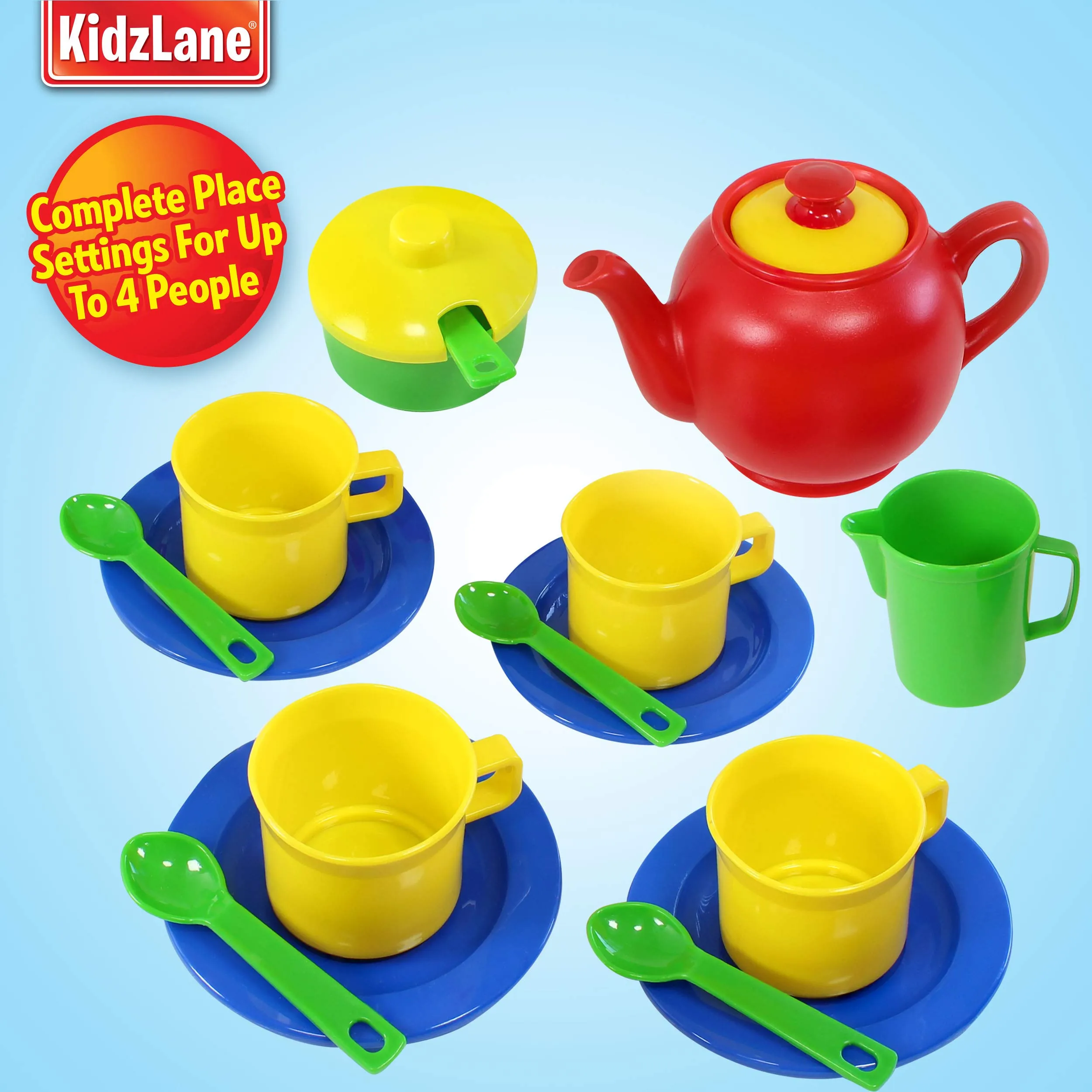 Kidzlane Play Tea Set, 15  Durable Plastic Pieces, Safe and BPA Free for Childrens Tea