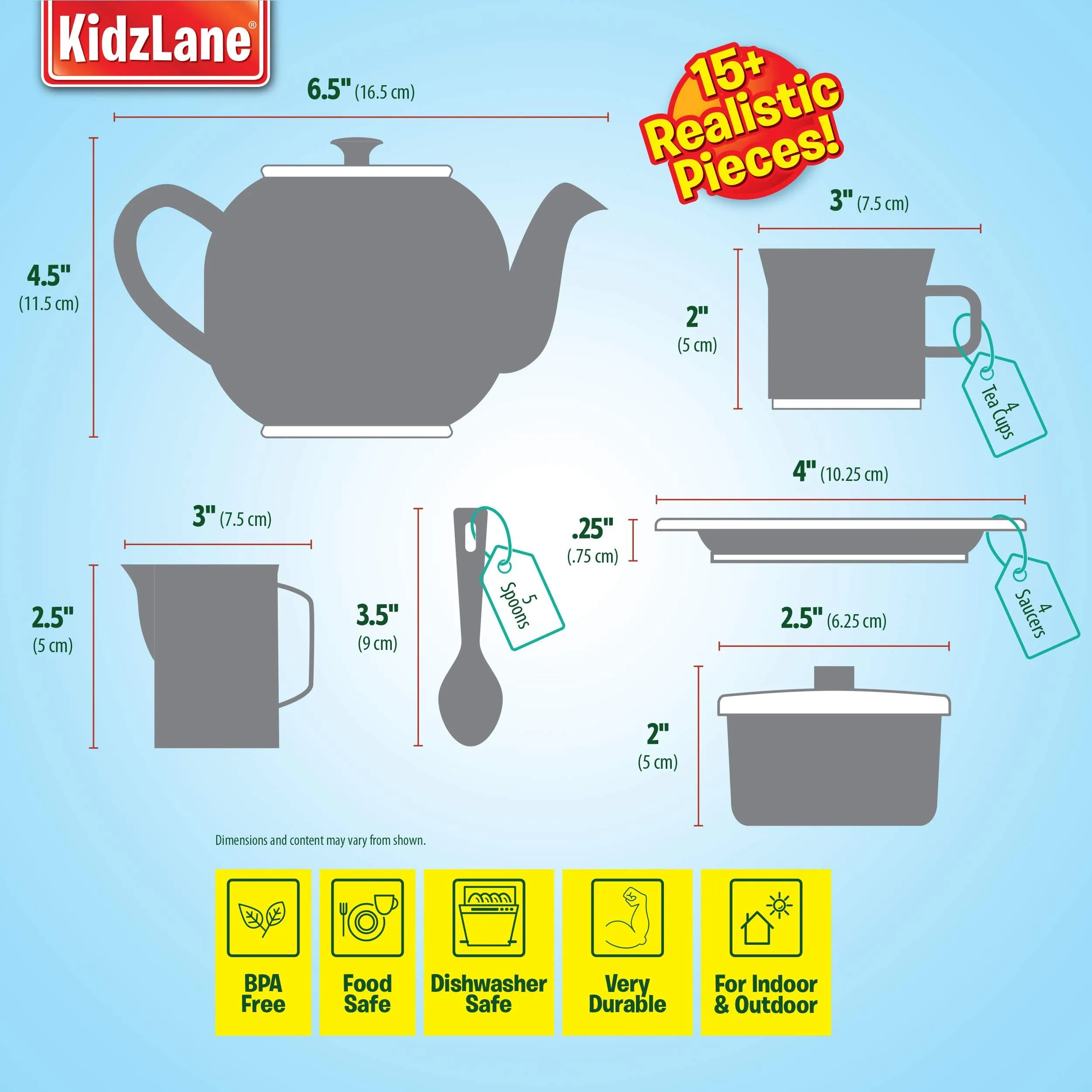 Kidzlane Play Tea Set, 15  Durable Plastic Pieces, Safe and BPA Free for Childrens Tea