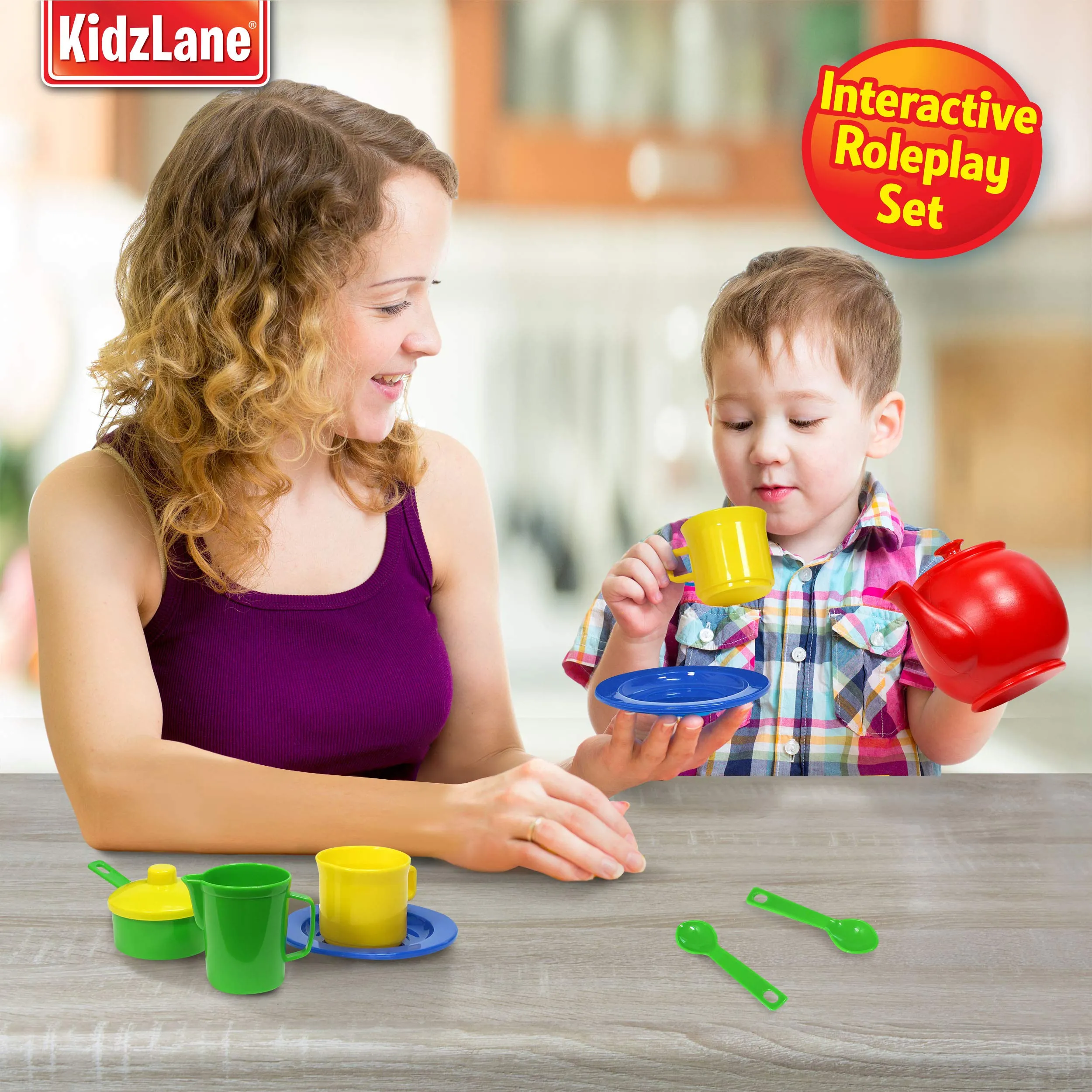 Kidzlane Play Tea Set, 15  Durable Plastic Pieces, Safe and BPA Free for Childrens Tea