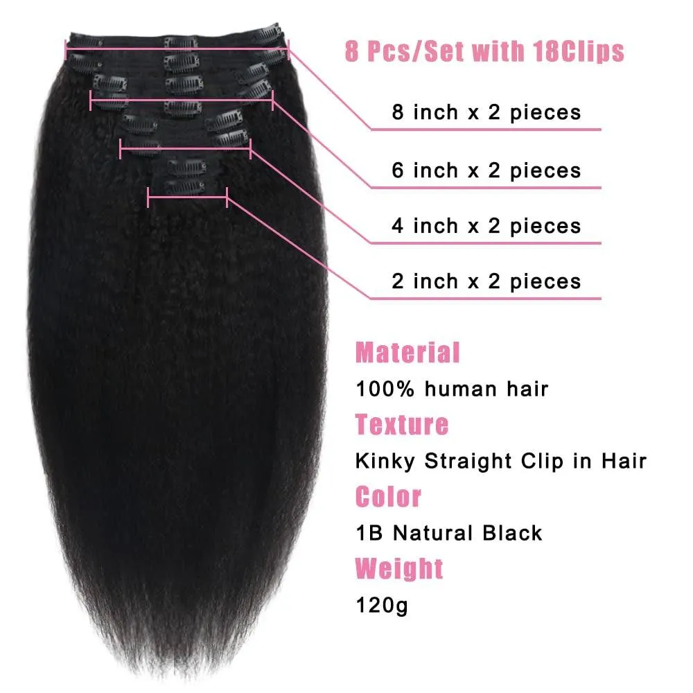 Kinky Straight Human Hair Clip in Extensions 120G 12Inch - 26 Inches