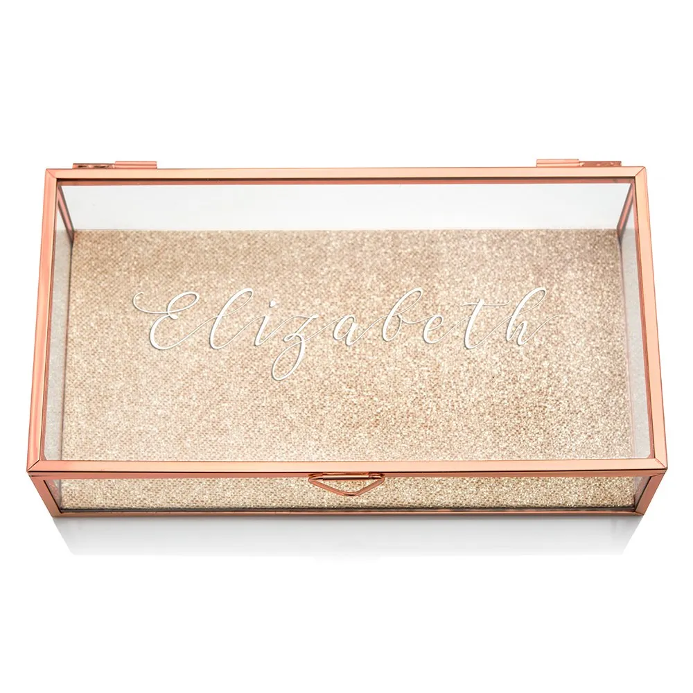 LARGE PERSONALIZED RECTANGLE GLASS JEWELRY BOX  - ELEGANT CALLIGRAPHY PRINT