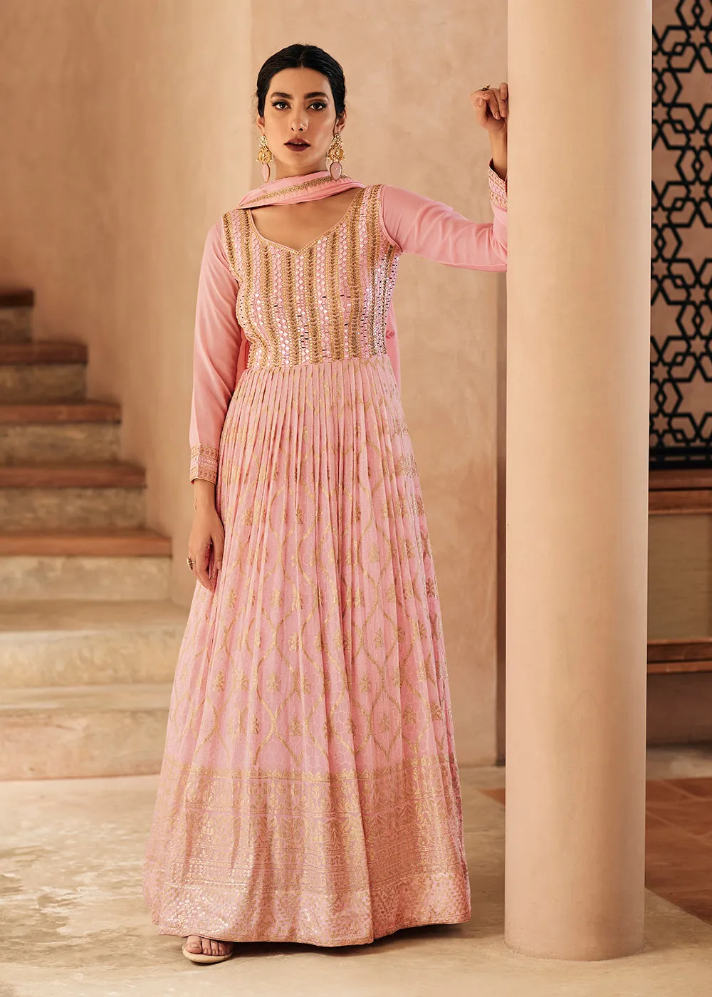 Lovely Light Pink Georgette Traditional Wedding Anarkali Suit