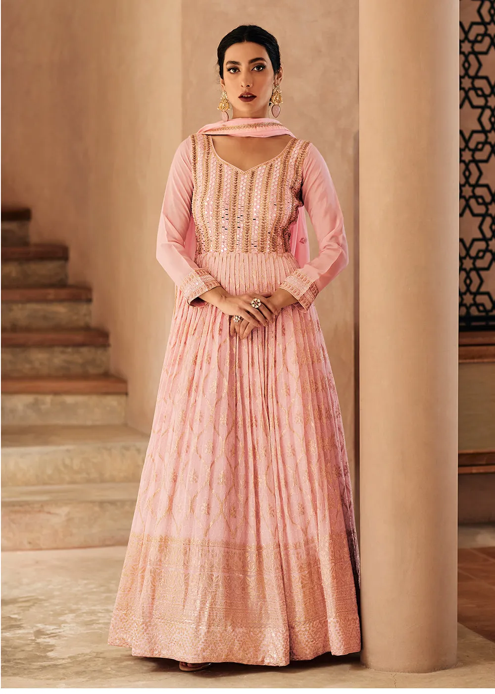 Lovely Light Pink Georgette Traditional Wedding Anarkali Suit