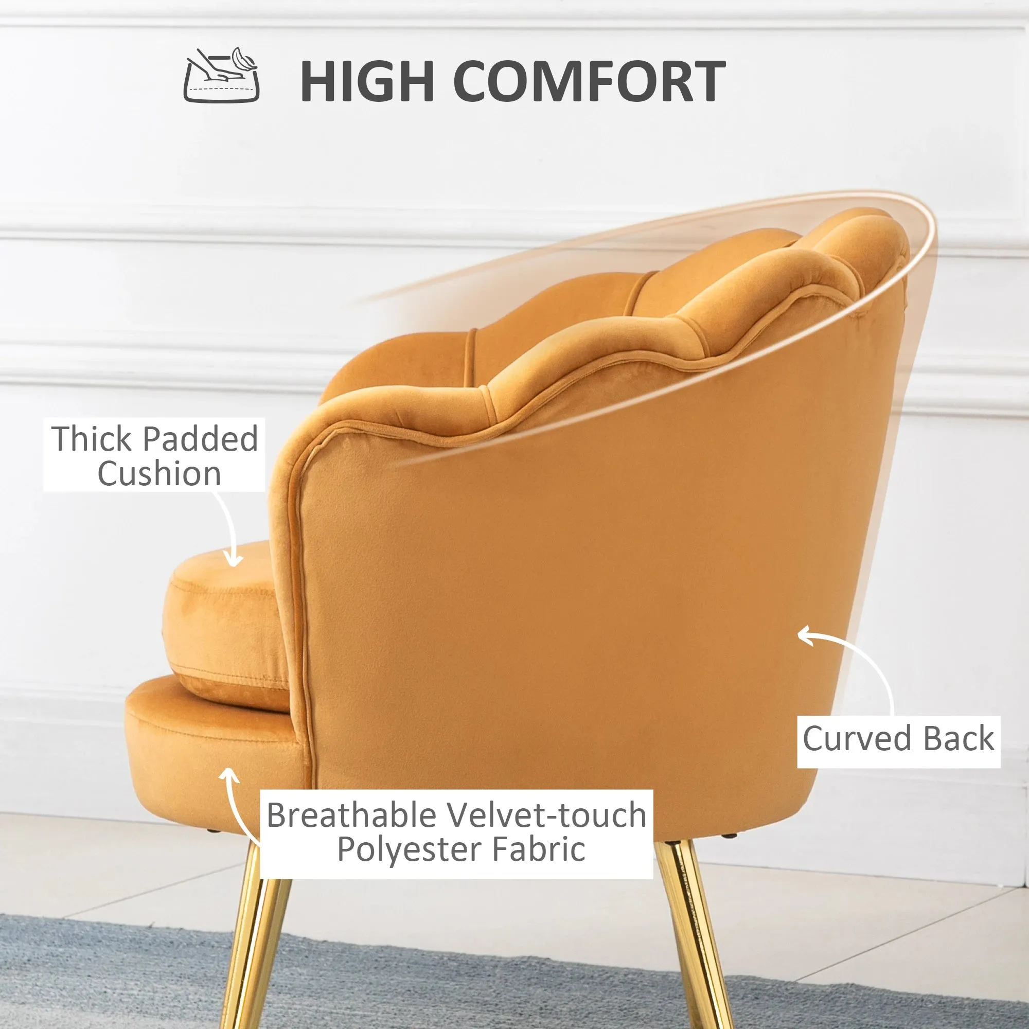 Modern Chair with Velvet-Touch Fabric and Gold Metal Legs - Available in 5 Colours