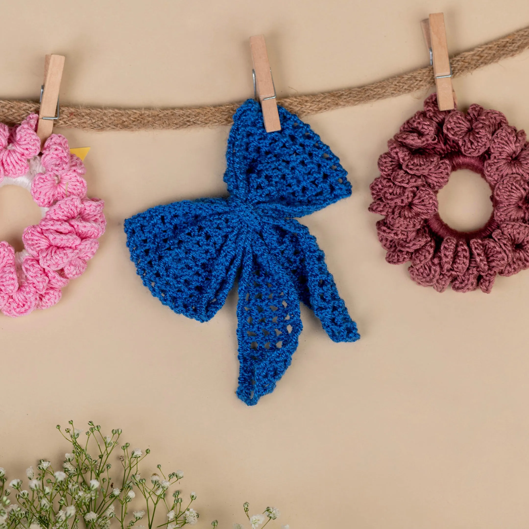 Petite Pretties - Crochet Scrunchies/ Blue Big Bow- Gift Set