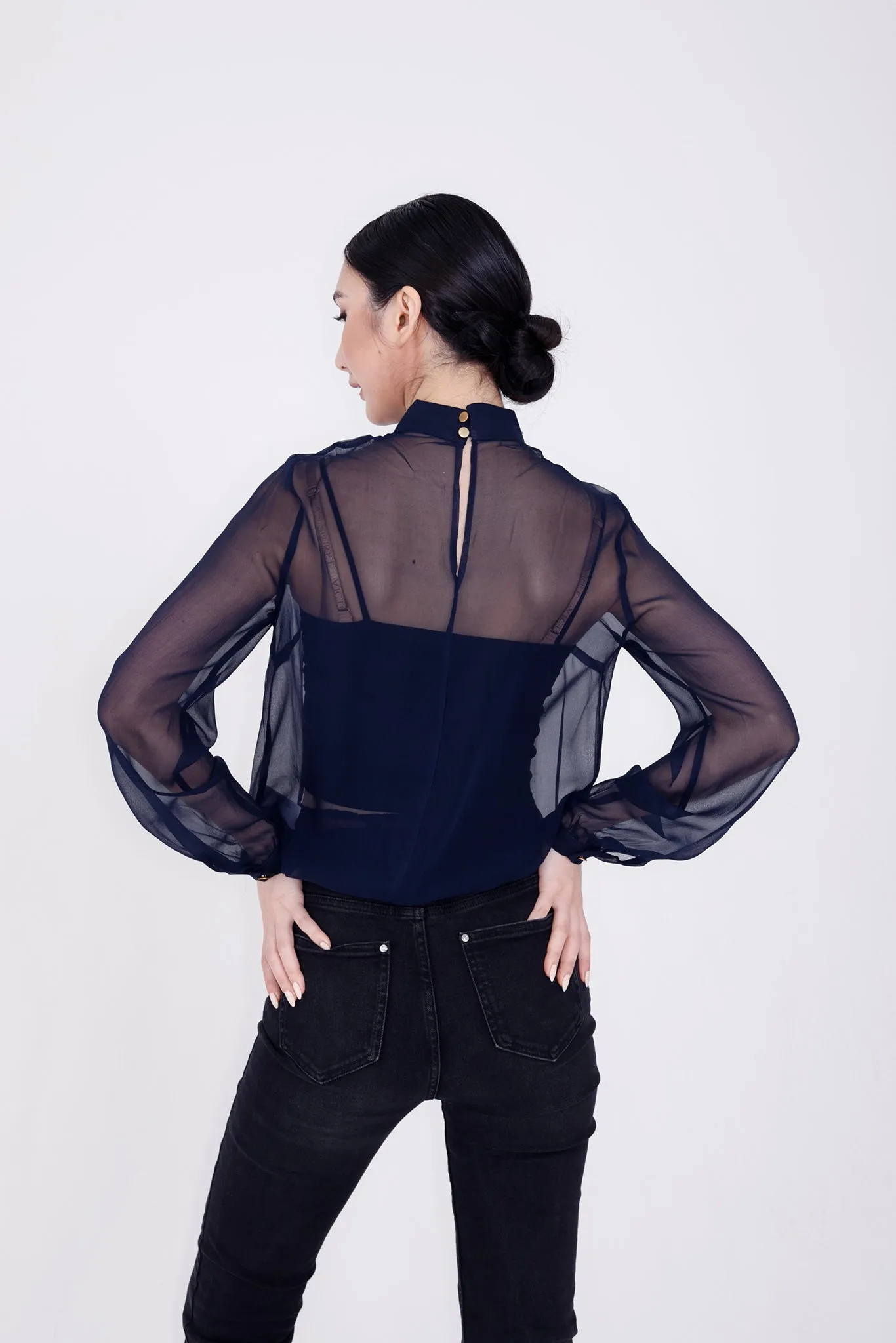 PIA Silk Sheer Chiffon Blouse (Navy)