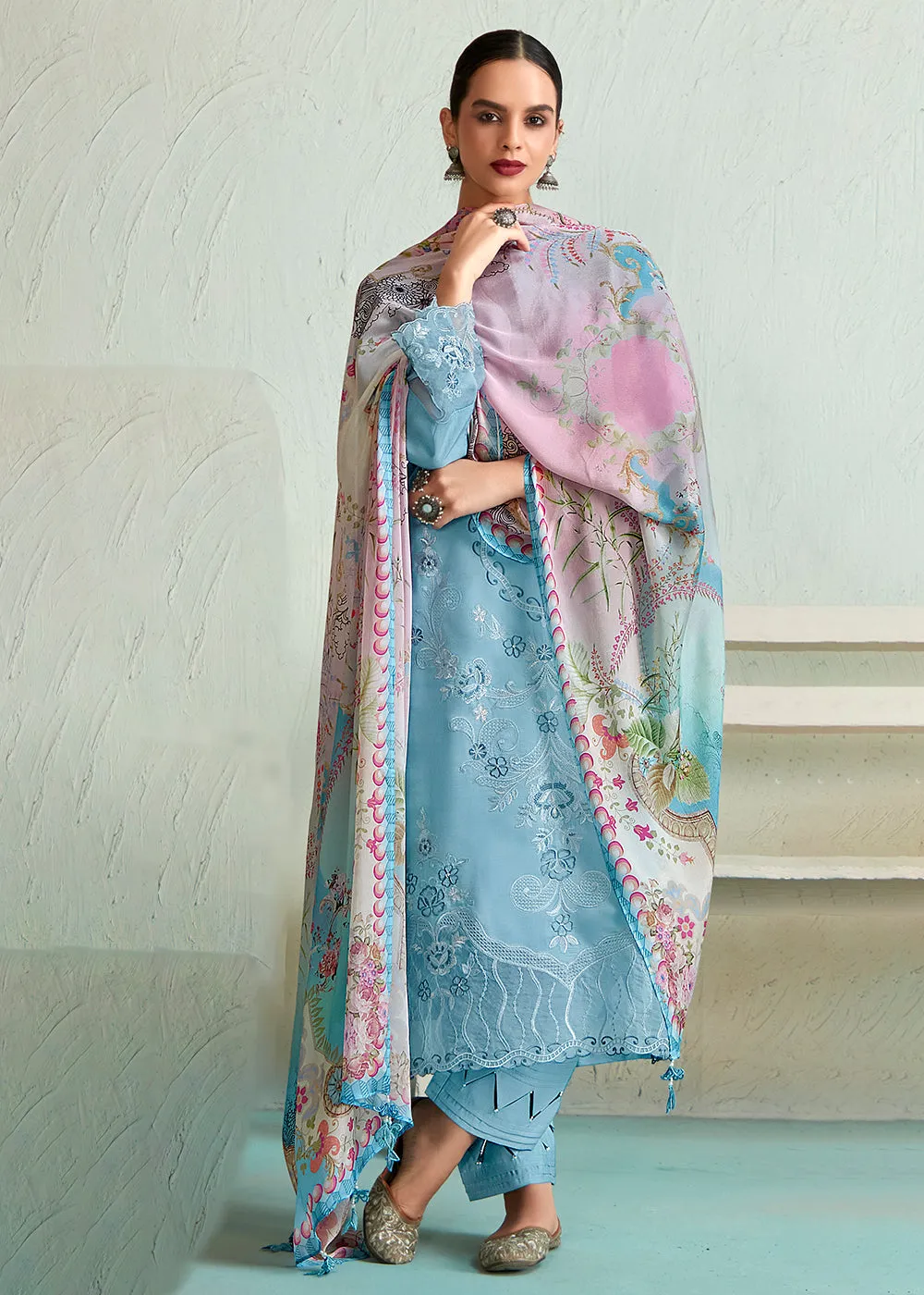 Powder Blue Pure Muslin Resham Embroidered Salwar Suit