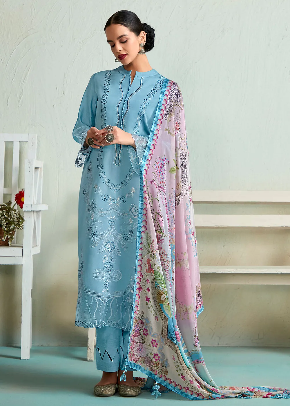 Powder Blue Pure Muslin Resham Embroidered Salwar Suit