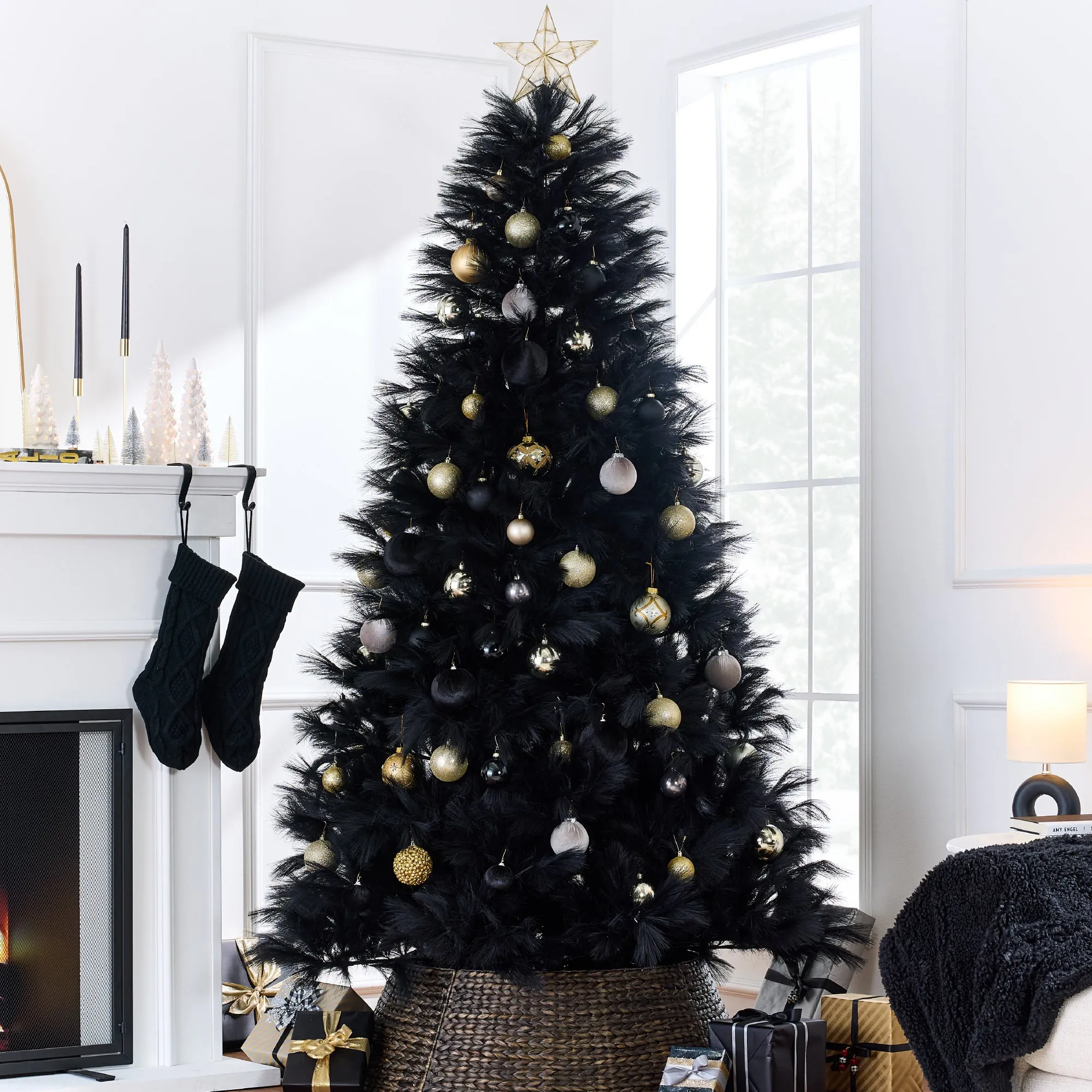 Premium Artificial Black Pampas Christmas Tree w/ Foldable Metal Base