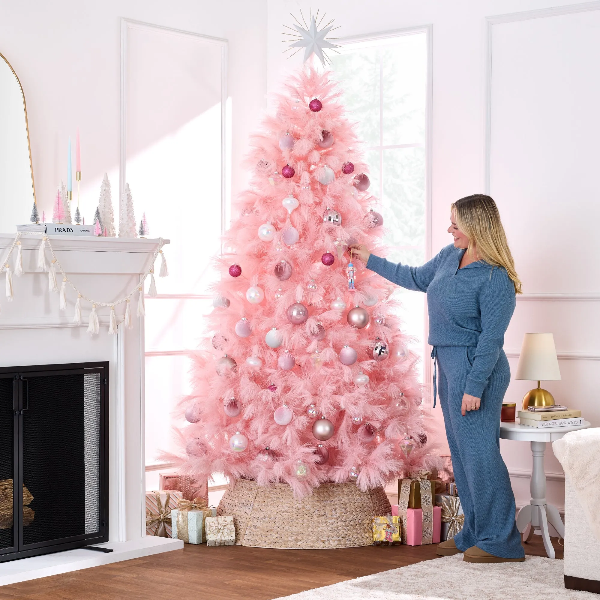 Premium Artificial Pink Pampas Christmas Tree w/ Foldable Metal Base