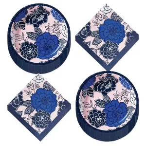 Royal Garden Blue Floral Paper Dinner Plates and Lunch Napkins (Serves 16)