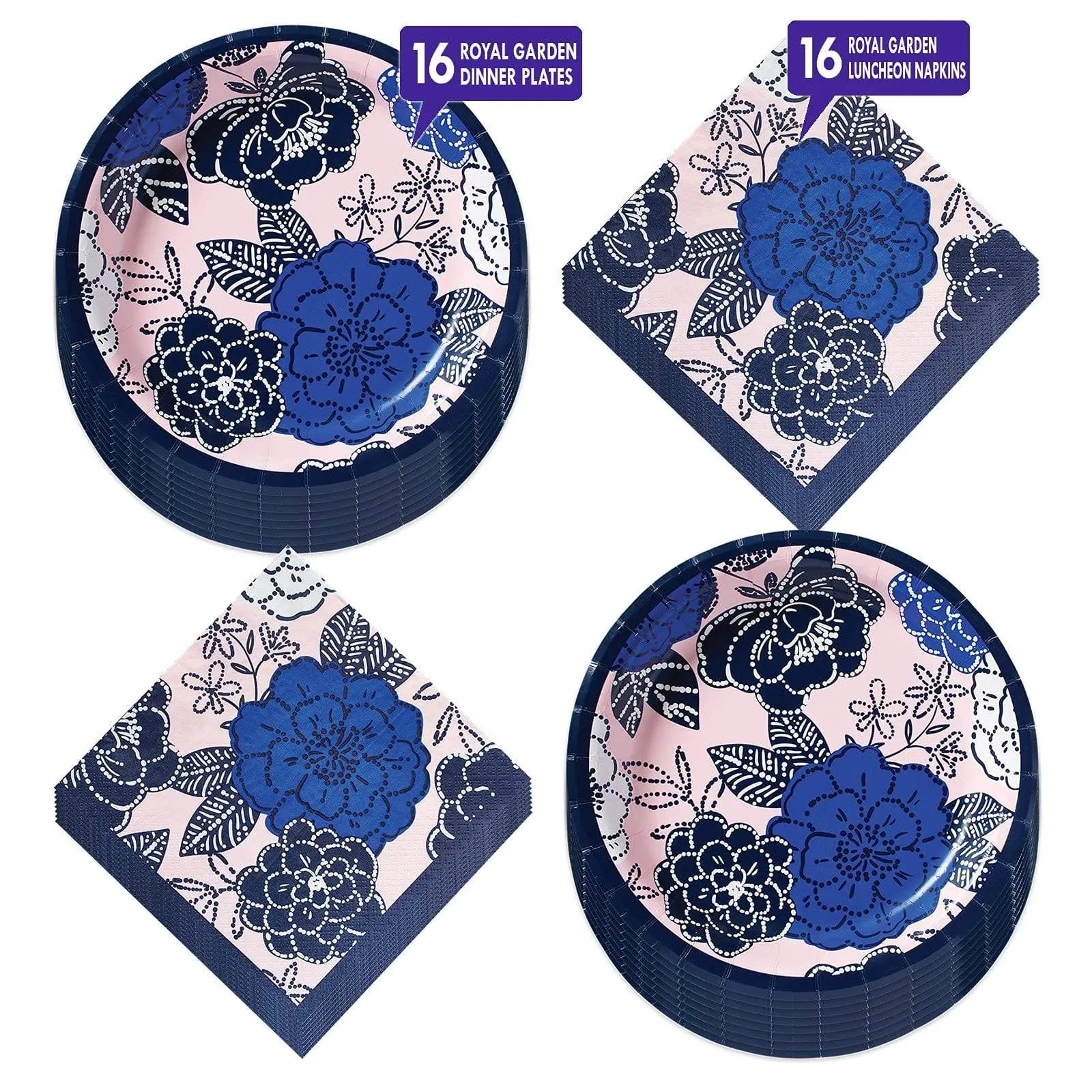 Royal Garden Blue Floral Paper Dinner Plates and Lunch Napkins (Serves 16)