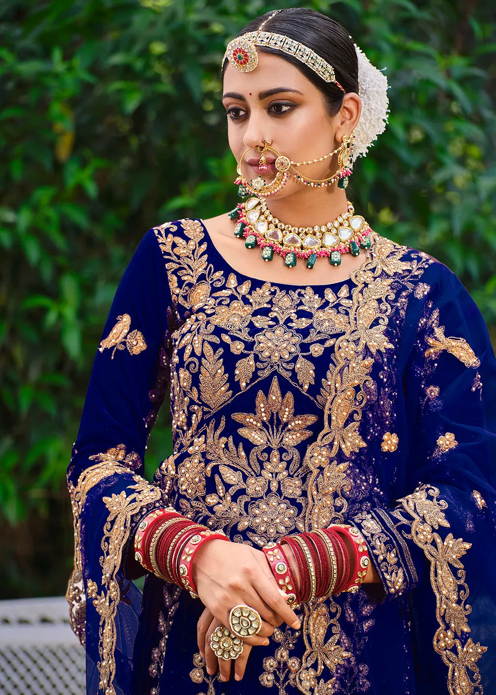 Velvet Dazzling Blue Stone Cording Bridal Style Lehenga Choli