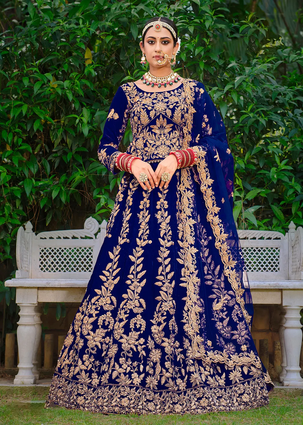 Velvet Dazzling Blue Stone Cording Bridal Style Lehenga Choli