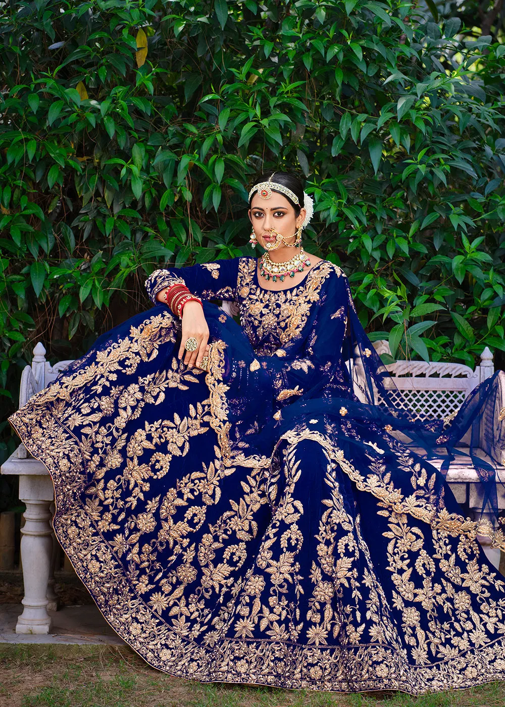 Velvet Dazzling Blue Stone Cording Bridal Style Lehenga Choli