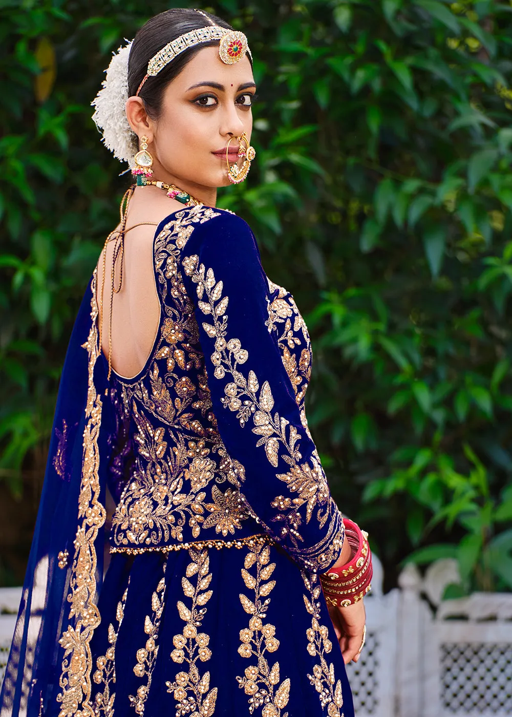 Velvet Dazzling Blue Stone Cording Bridal Style Lehenga Choli